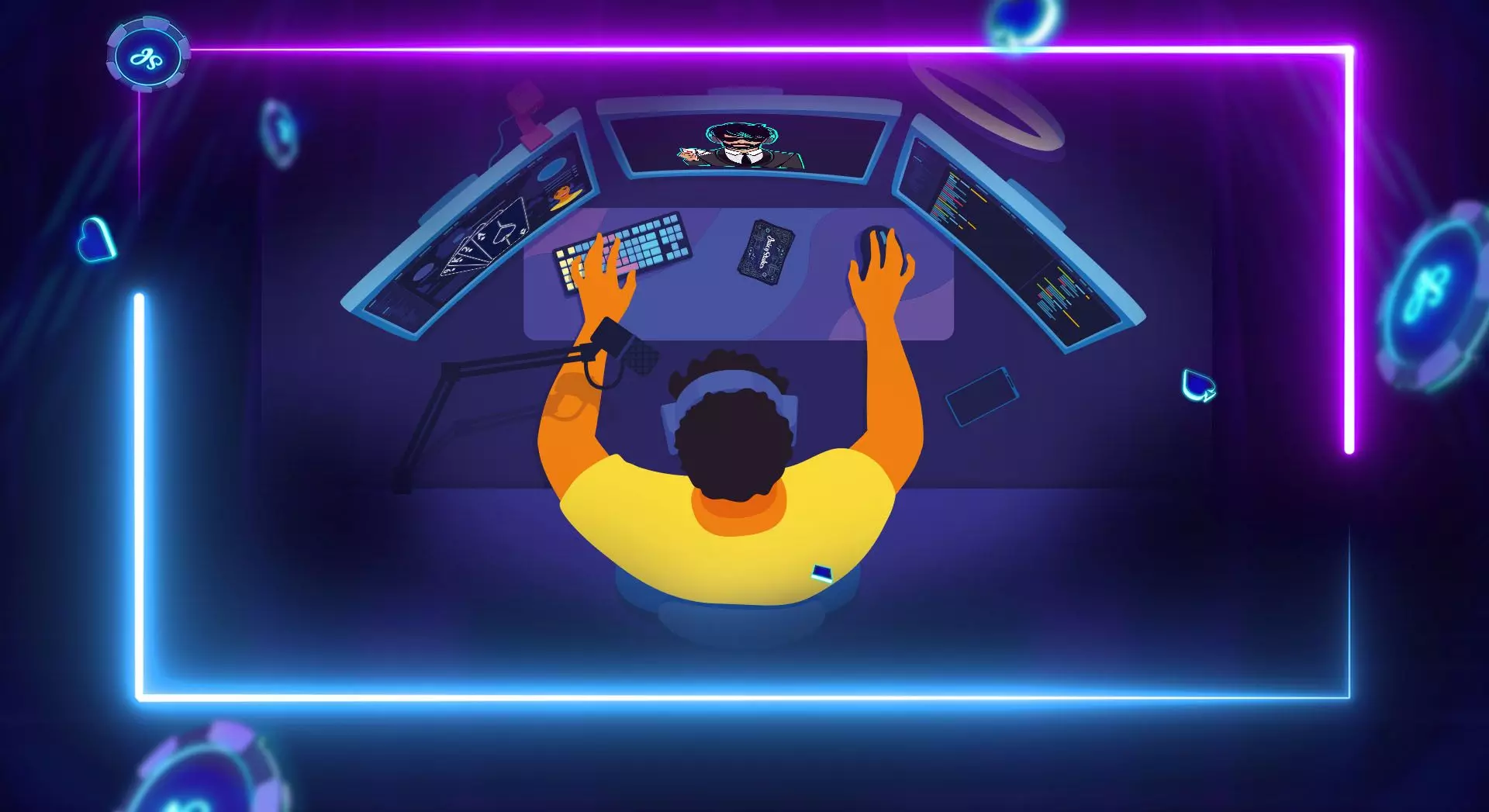 Top-down view of a person in a yellow shirt and headphones using a multi-monitor setup in a neon-lit gaming room.