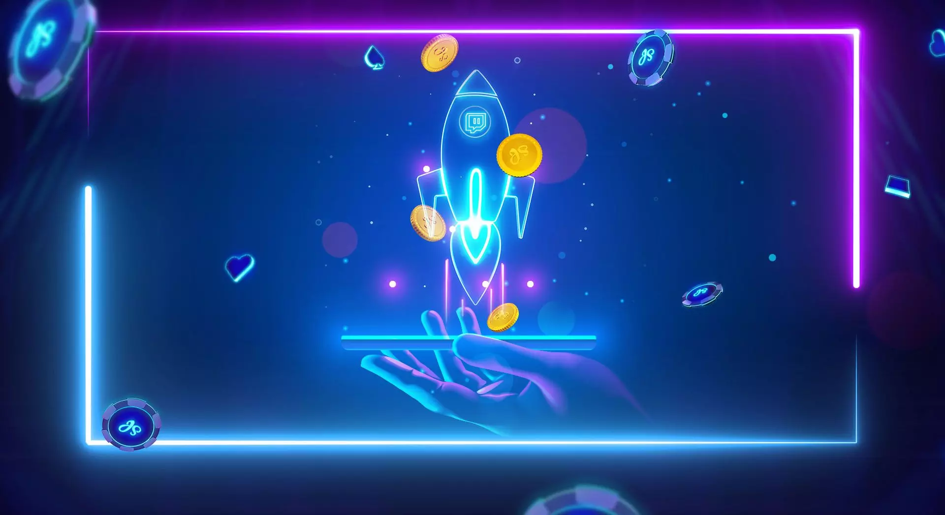 Neon rocket launching from a hand, surrounded by poker chips and coins, symbolizing growth and excitement for poker streaming on Twitch with Juicy Stakes Poker.